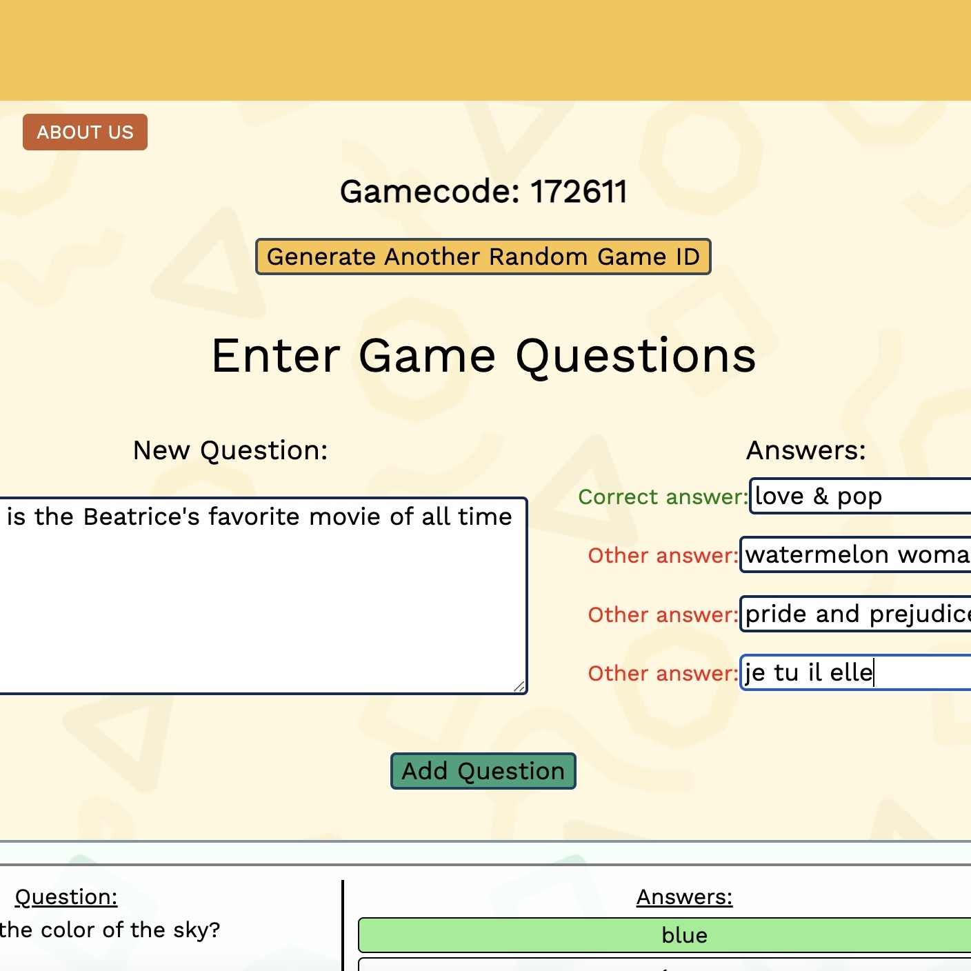 octoquiz questions input page